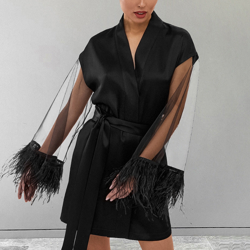 Dame elegant Kimono-stil kortkjole med voluminøse ærmer og taljebælte Stilla