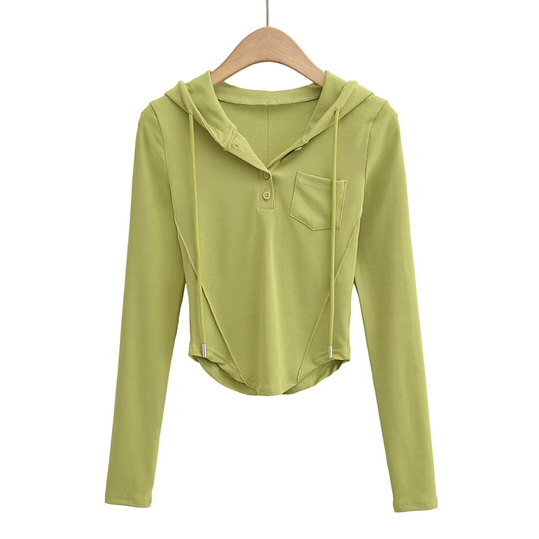 Dame afslappet langærmet hoodie med knapliste og praktiske lommer Stilla