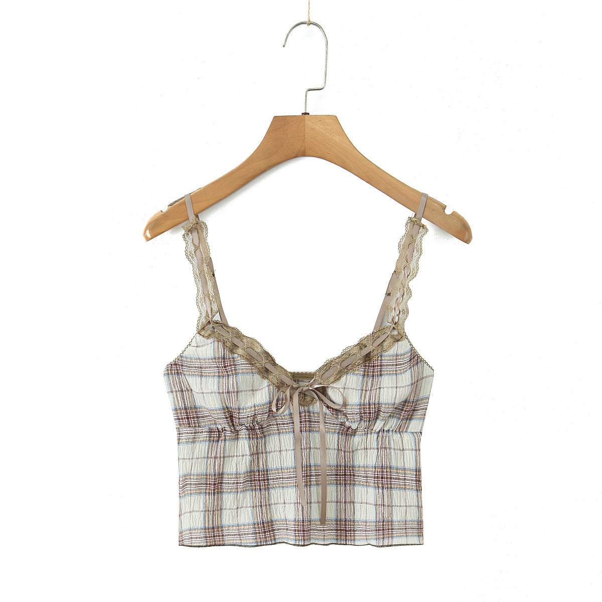 Dame afslappet spaghetti-strop top med flæsedetaljer og moderne ternet udseende Stilla