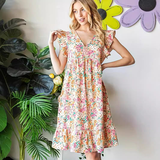 Dame Elegant blomstermønster sommerkjole med flæseudskæringer Stilla