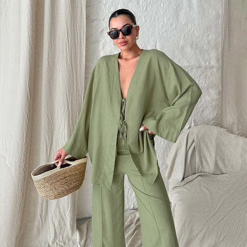 Dame afslappet linned jakkesæt med dekorative bindebånd og bred pasform Stilla