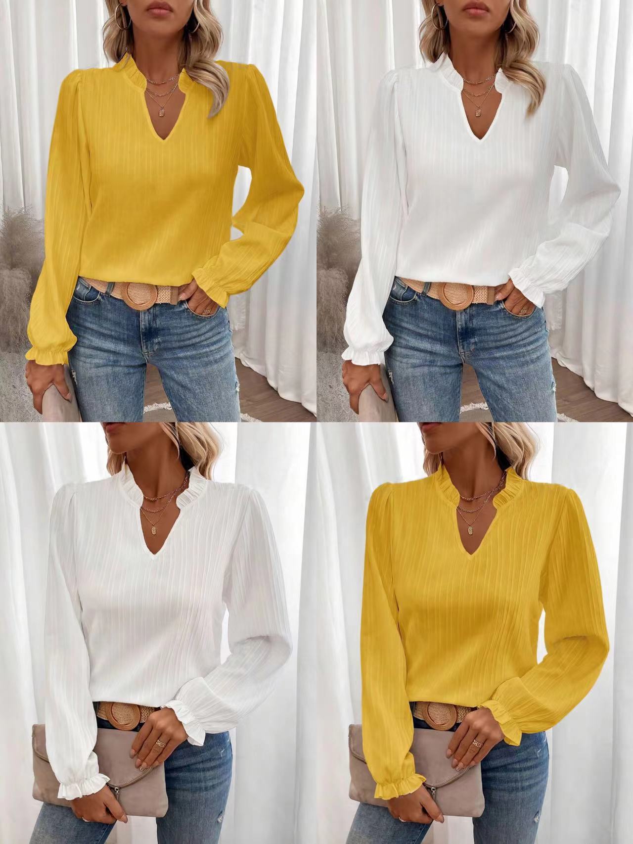 Dame elegant bluse med V-udskæring og puffærmer Stilla