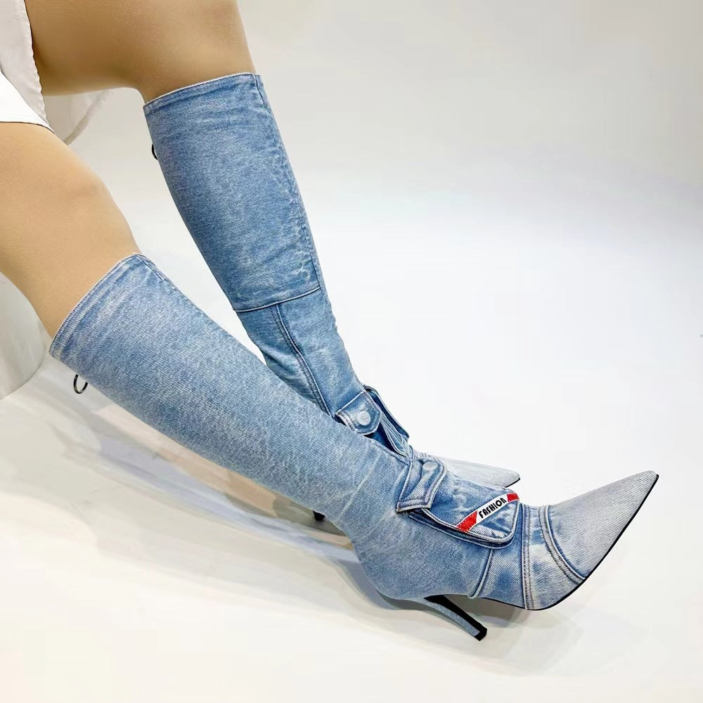 Femme High-Stiletto Denim Over-knæ Støvler med dekorativ lomme Stilla