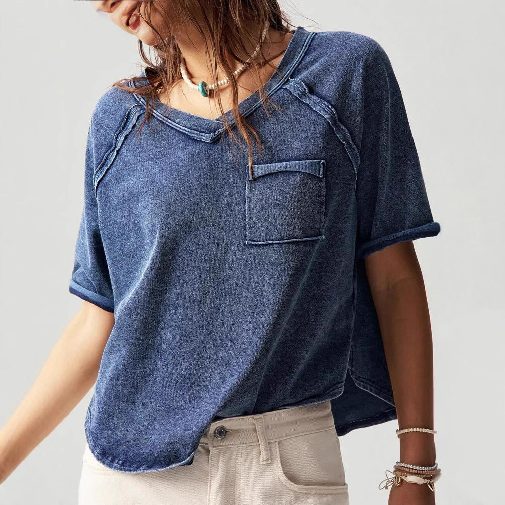 Dame afslappet oversized V-hals T-shirt med brystlomme Stilla