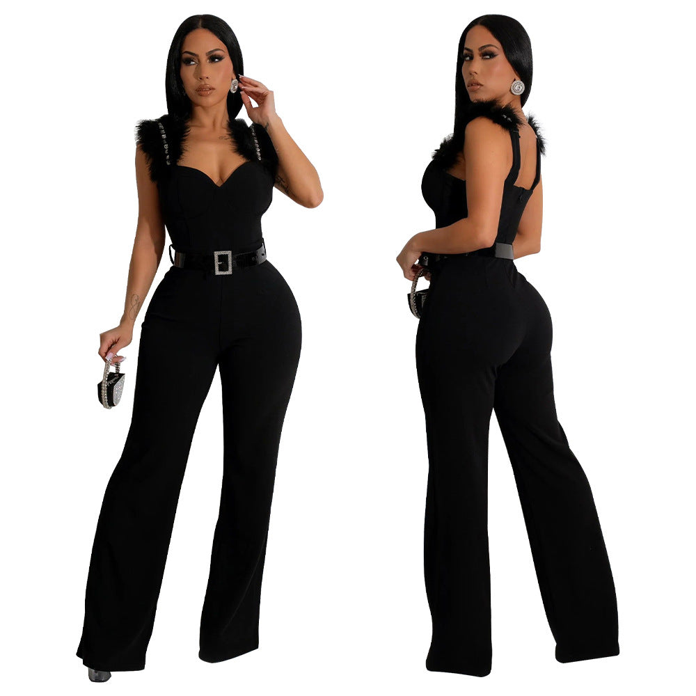 Dame elegant jumpsuit med volant-detaljer og taljebælte Stilla
