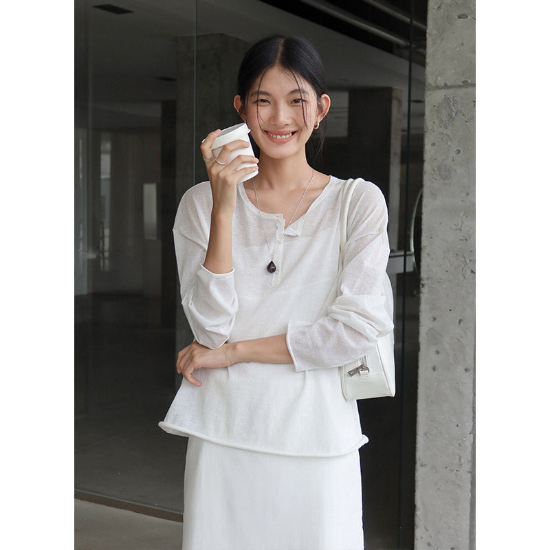 Dame afslappet longsleeve top med praktisk knapliste Stilla