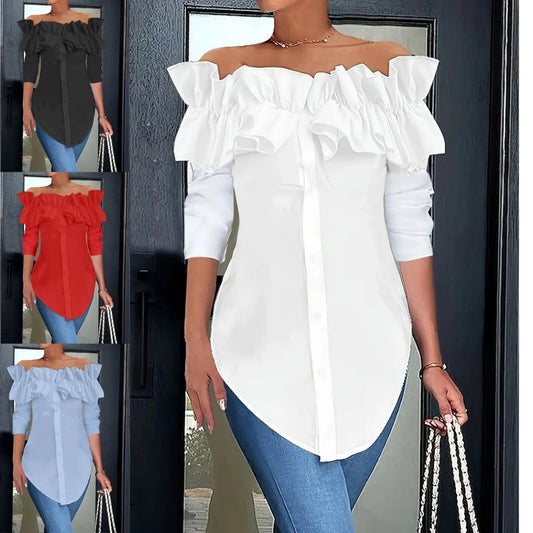 Dame Elegant Bluse med Ruffle detaljer og hjerteformet U-udskæring Stilla