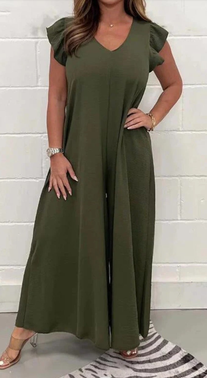 Dame jumpsuit med voluminøse ben og elegant V-udskæring Stilla