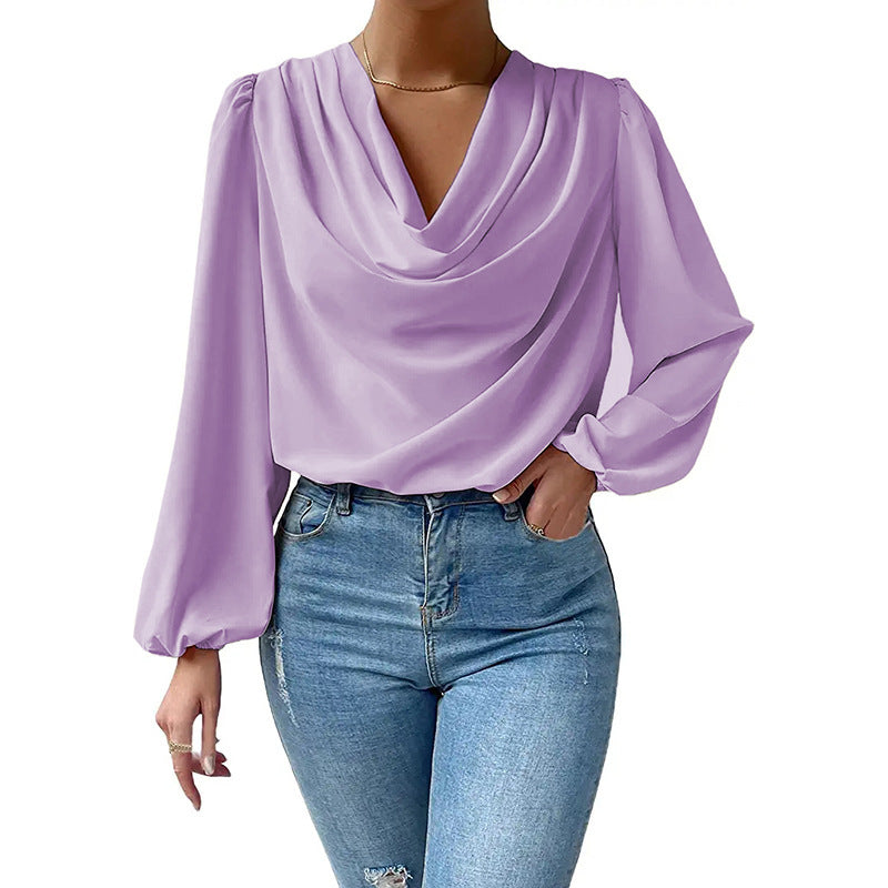 Dame elegant bluse med asymmetrisk krave og lange puffærmer Stiila
