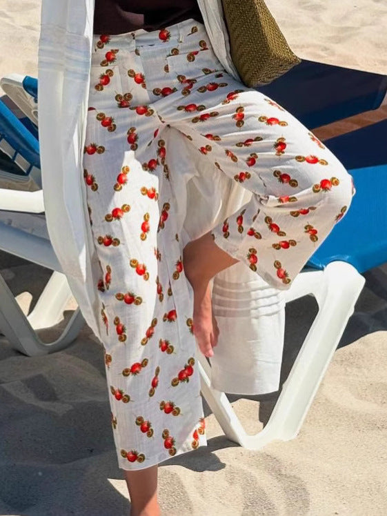 Dame afslappede linnedbukser med maritim hummermotiv og løs pasform Stilla