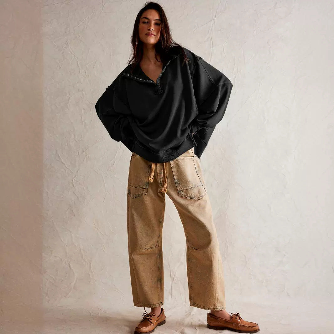 Dame afslappet oversized pullover med knaplukning og ufuldendte sømme Stilla