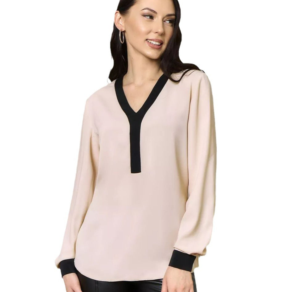 Dame elegant bluse top med moderne kontrastdetaljer Stilla