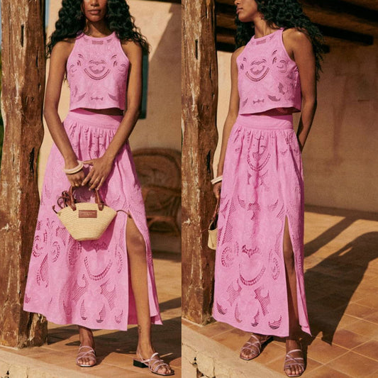 Dame Crop-Top og Maxiskørt Sæt med elegant Hæklemønster Stiila