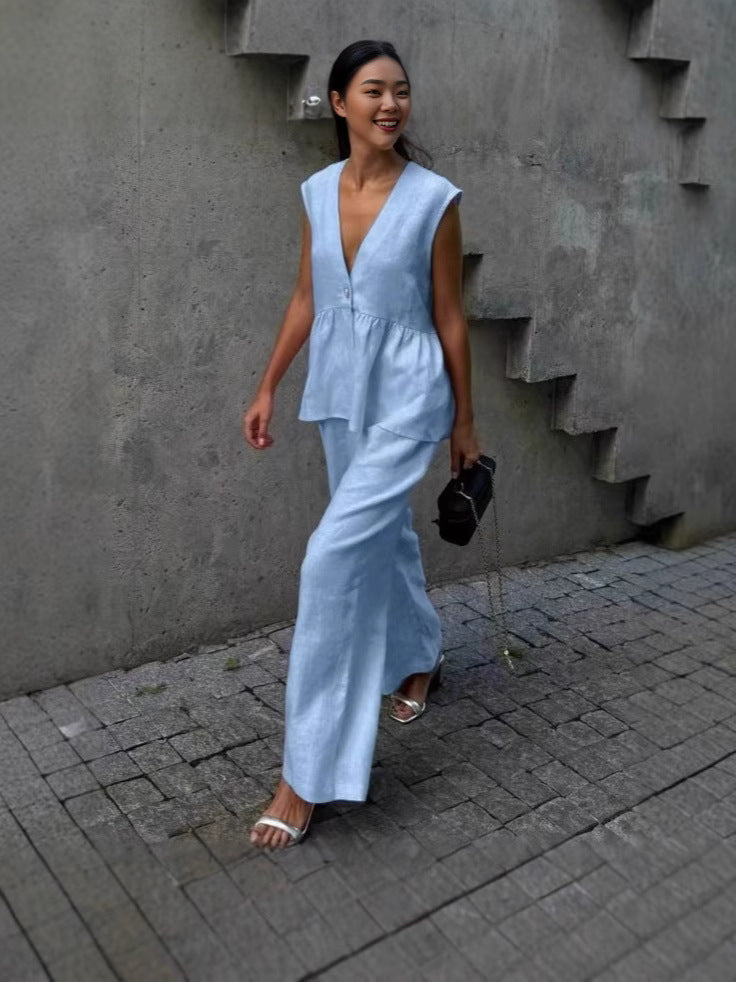 Dame afslappet linned sæt med ærmeløs overdel og bred bukseklip Stiila