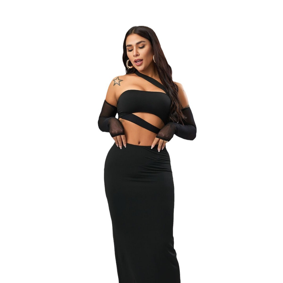 Dame Cut-Out Maxikjole med lange ærmer og vikledetaljer Stilla