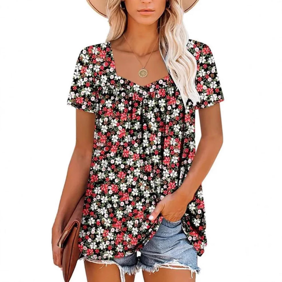 Dame afslappet blomster-top med V-hals og løs pasform Stilla