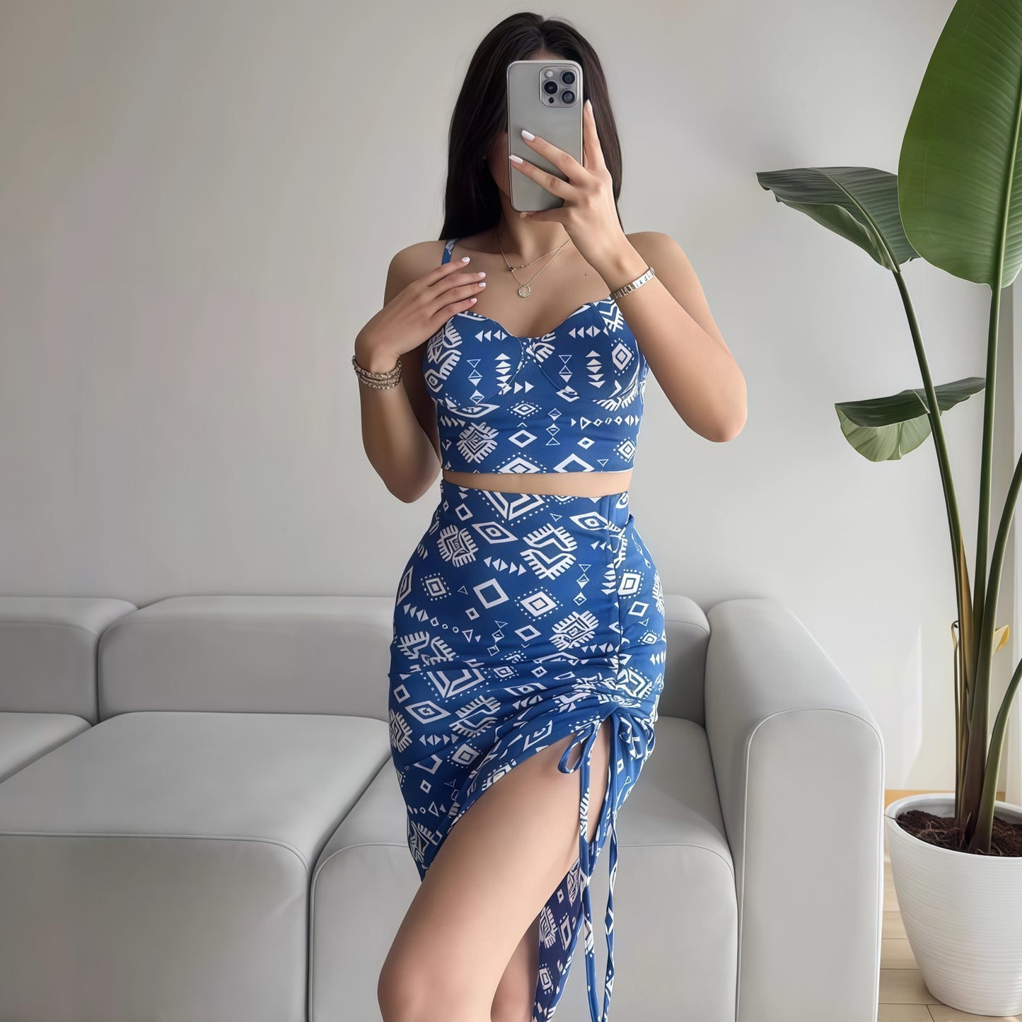 Dame Crop-Top og Maxi-Nederdel Sæt med grafisk mønster Stilla