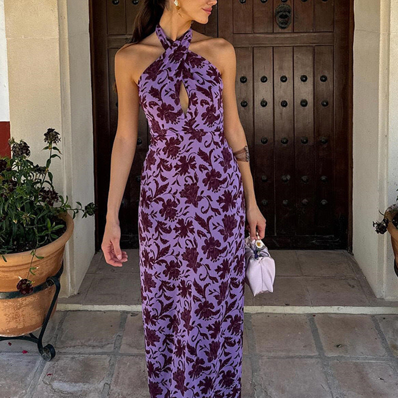 Dame Elegant Blomstermønster Aftenkjole med Højstående Uddybning Stilla