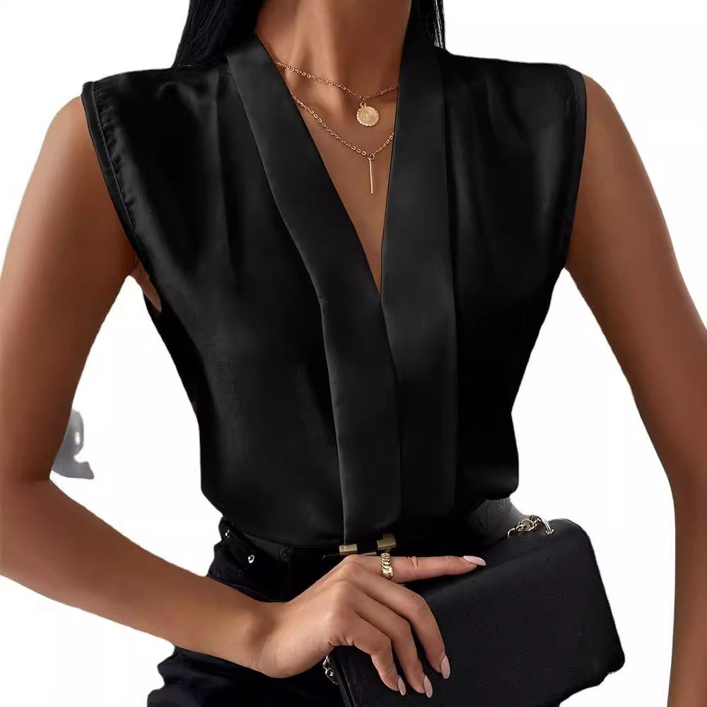 Dame elegant bluseshirt med dyb V-udskæring og glat fald Stilla