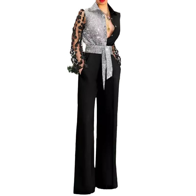 Dame Elegant Jumpsuit med gennemsigtige ærmer og glimtende accenter Stilla