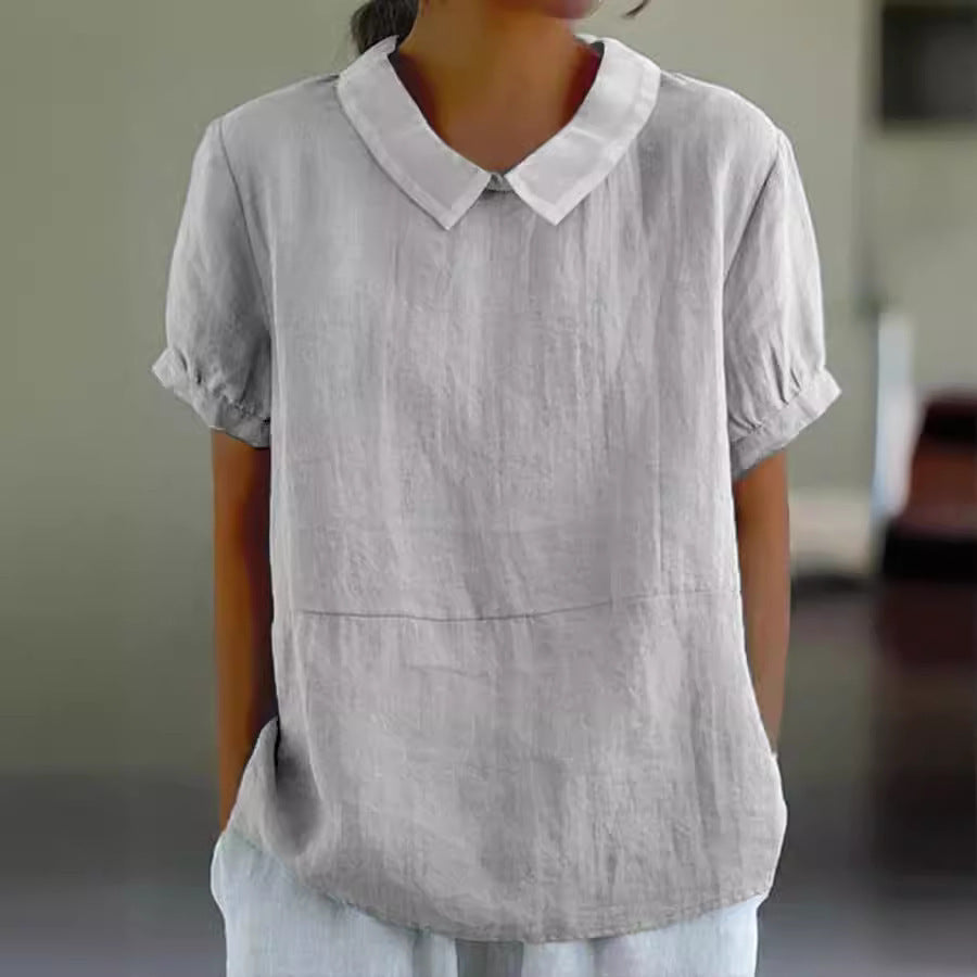 Dame afslappet hørbluse med klassisk krave og halvlange ærmer Stilla