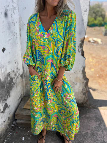 Stilla | Elegant Kvinders Forår Sommer Print V-Hals Kjole