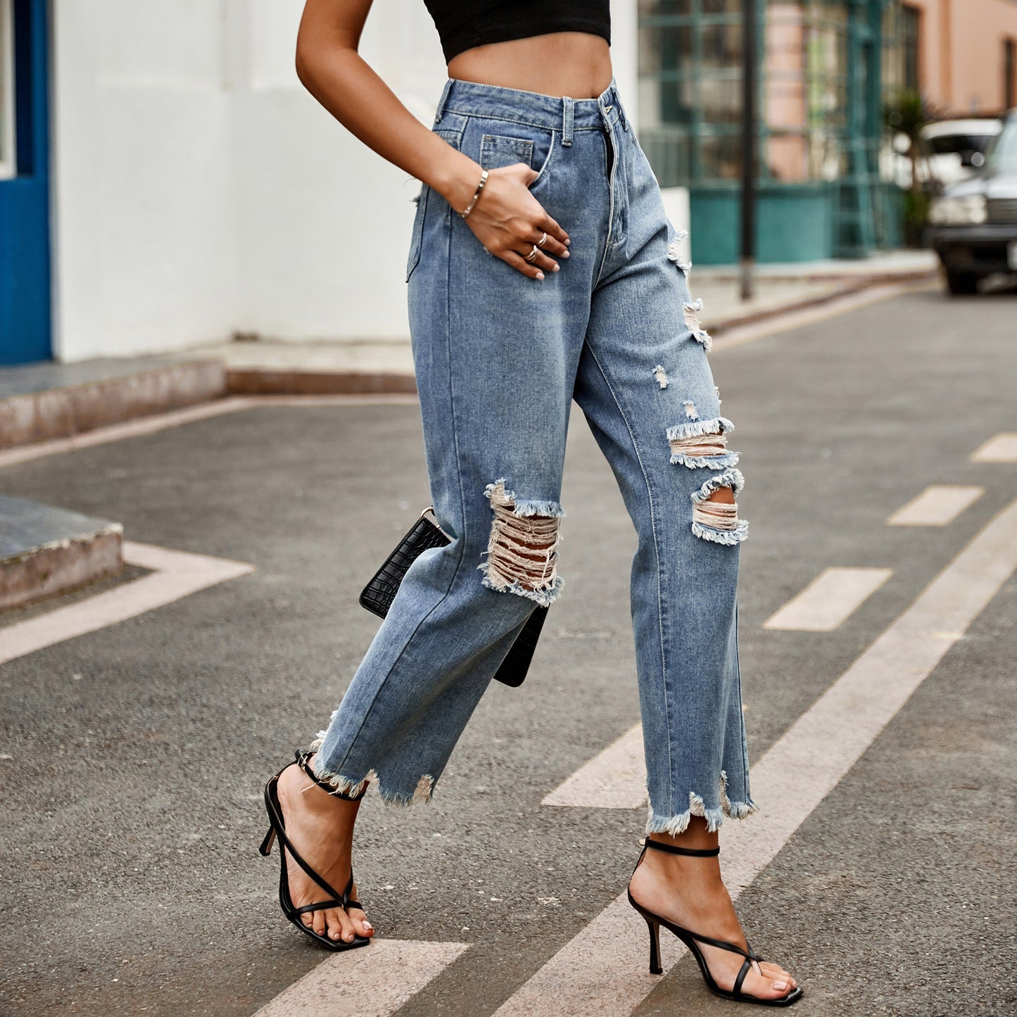 Dame Højtskåret Ødelagte Jeans i moderne Boyfriend-snit Stilla