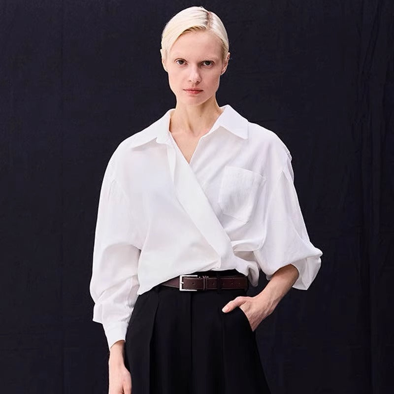 Dame elegant indpakningsbluse med stor krave og brede ærmer Stilla