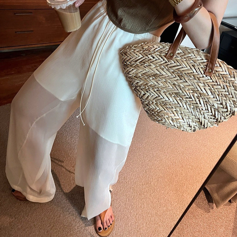 Dame afslappede Palazzo-bukser med elastisk talje og gennemsigtig overlay Stilla