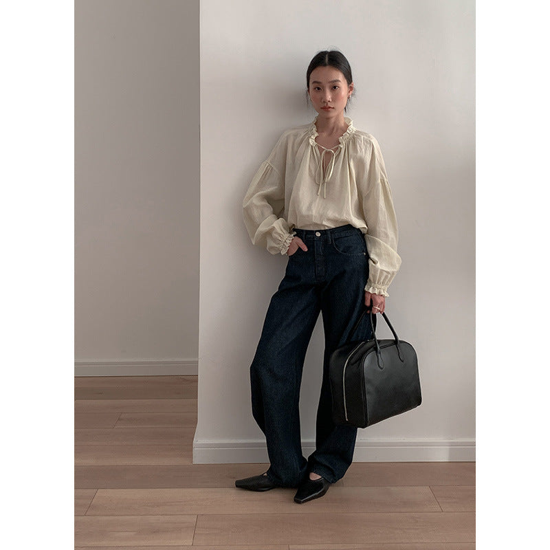 Dame afslappet bluse shirt med detaljeret snøre og puffærmer Stilla