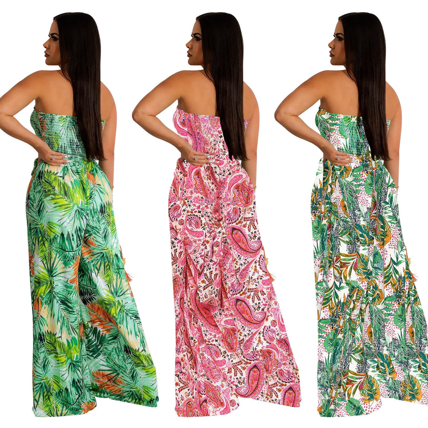 Dame Luftig, mønstret bredbenet jumpsuit med skulderfri design Stilla
