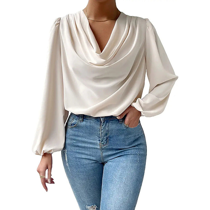 Dame elegant bluse med asymmetrisk krave og lange puffærmer Stiila