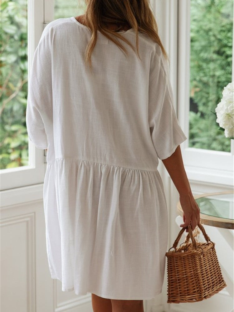 Dame afslappet kortærmet kjole med knapdetalje og lomme Stilla