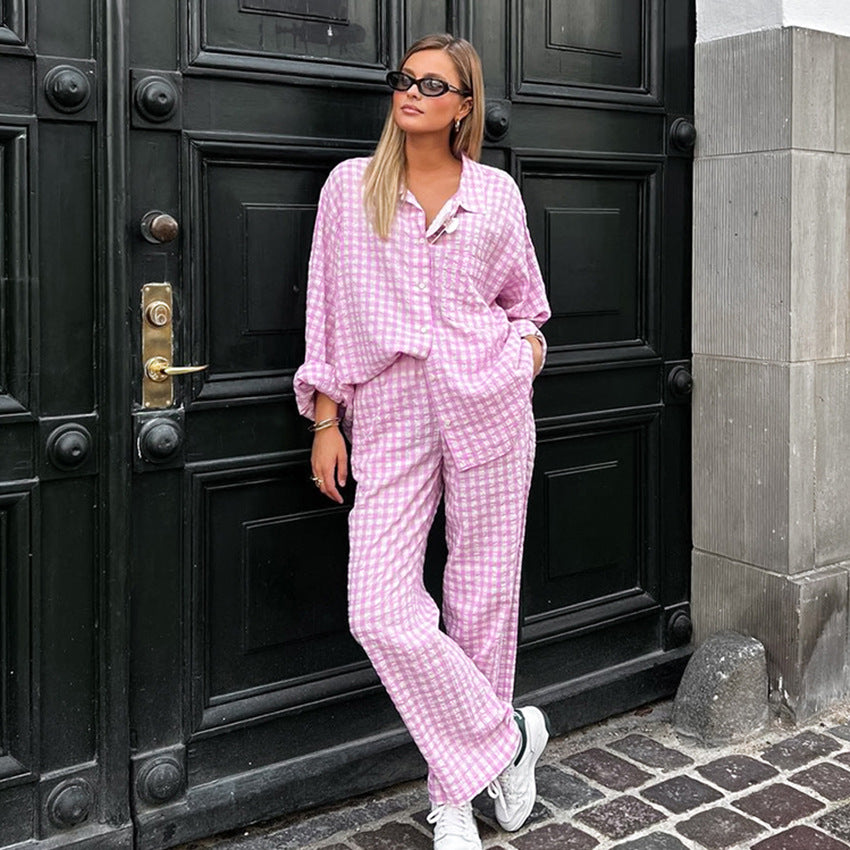 Dame afslappet bomuldsbluse- og bukse sæt med minimalistisk ternet mønster Stilla