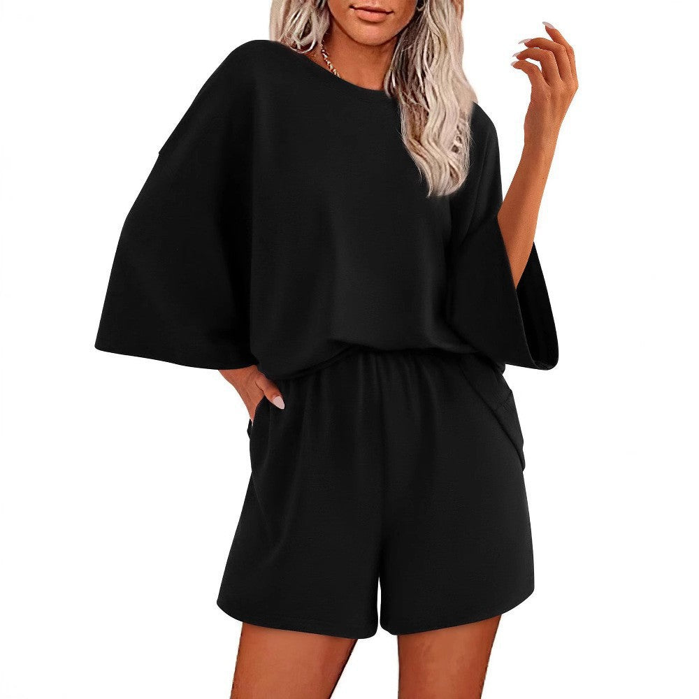 Dame afslappet kort sæt med overdimensionerede ærmer og elastisk talje Stilla