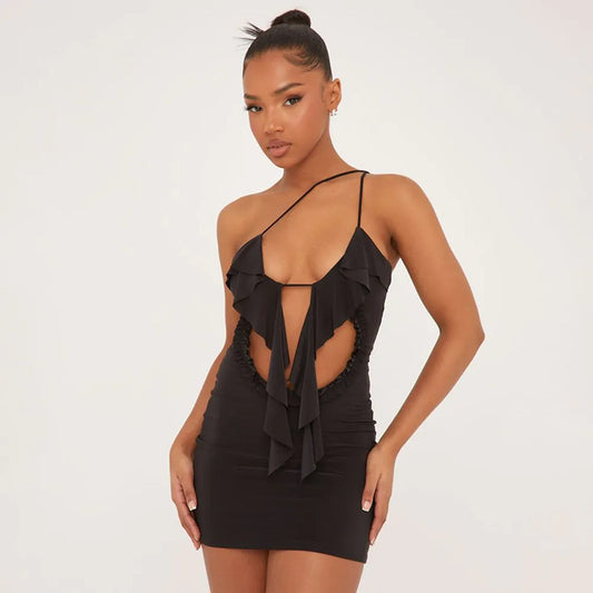 Dame Cut-Out Minikjole med flydende flæserdesign og asymmetrisk stropper Stilla