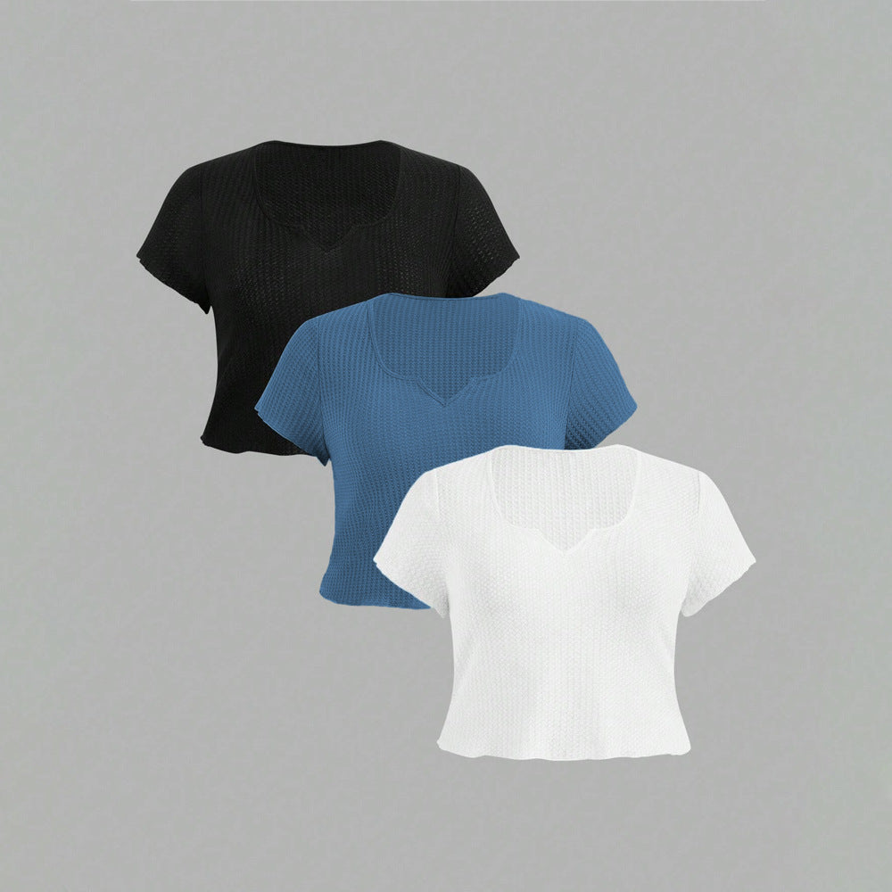 Dame afslappet kortærmet V-udskæring top med struktureret tekstur Stilla