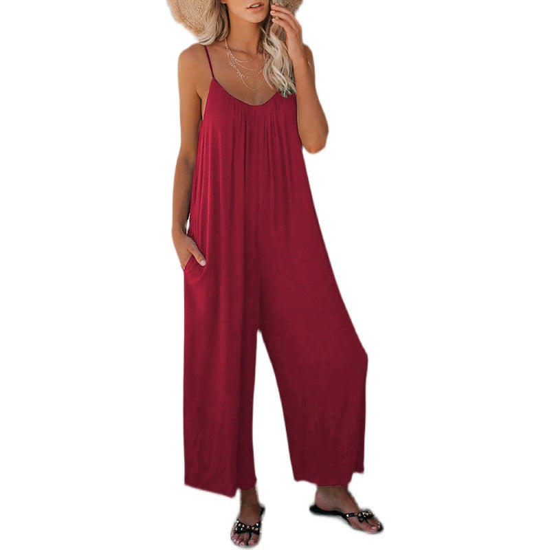 Dame Flydende Bredbenet Jumpsuit med Justerbare Spaghetti Stropper Stilla