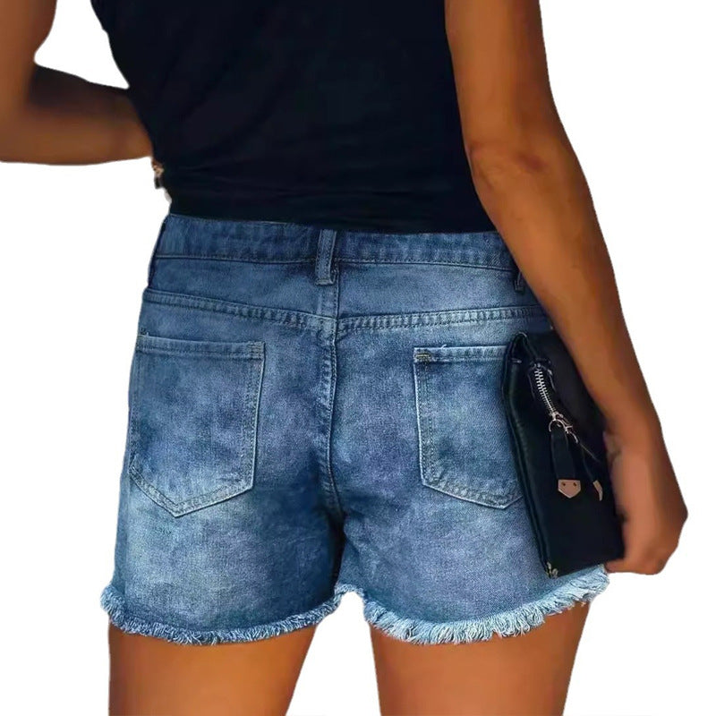 Dame Destroyed Denim-Shorts med modish lommer og frynset kant Stilla