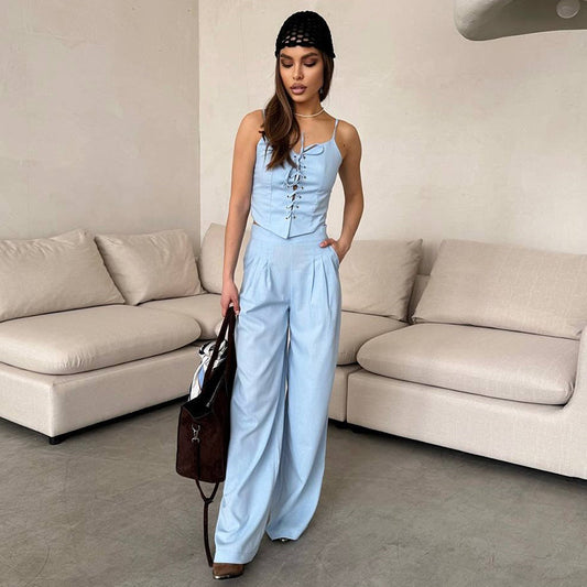 Damer elegant jumpsuit-sæt med smal overdel og bredt bukseben Stilla