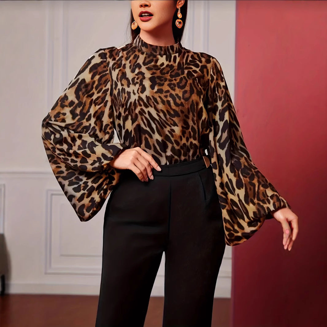 Dame Elegant animalistisk Bluse med bredt skårede ærmer Stilla