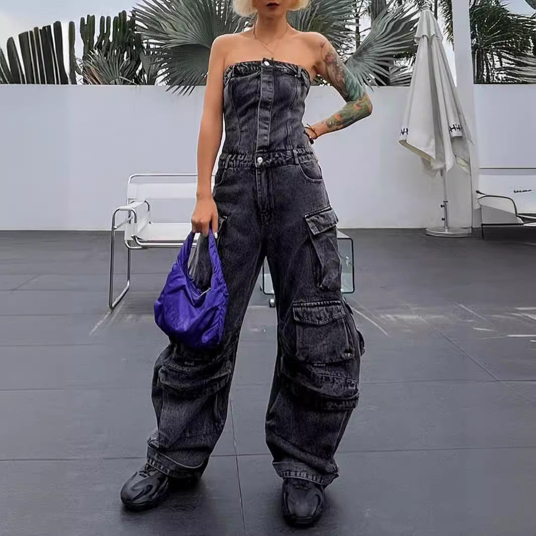 Dame afslappet denim jumpsuit med praktiske cargo-lommer og elegant snit Stilla