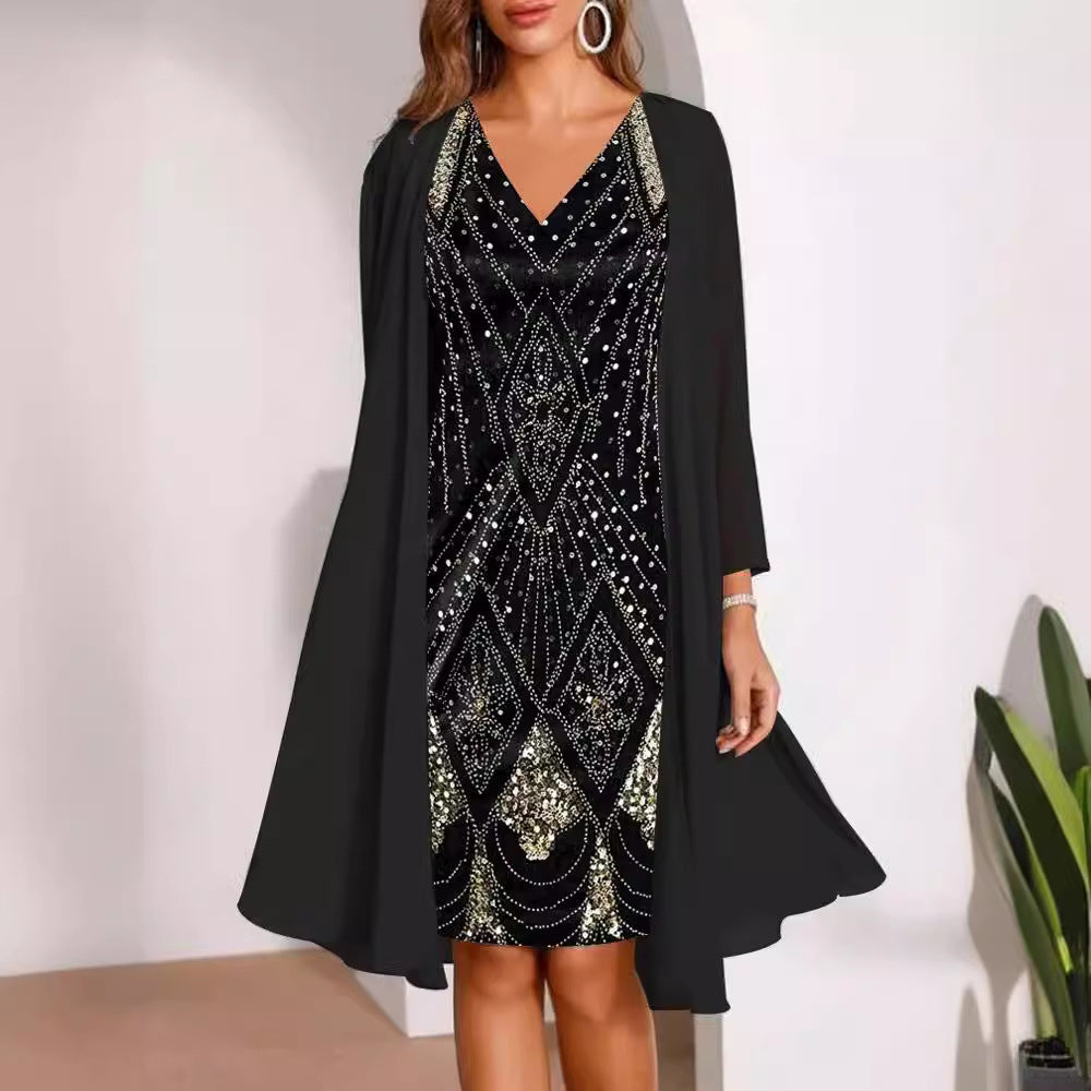 Dame elegant aftenkjole med skinnende overtræk Stilla