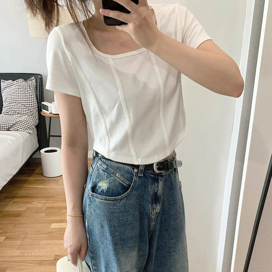 Dame Cropped Fyrkantet Uddybning T-Shirt Stilla