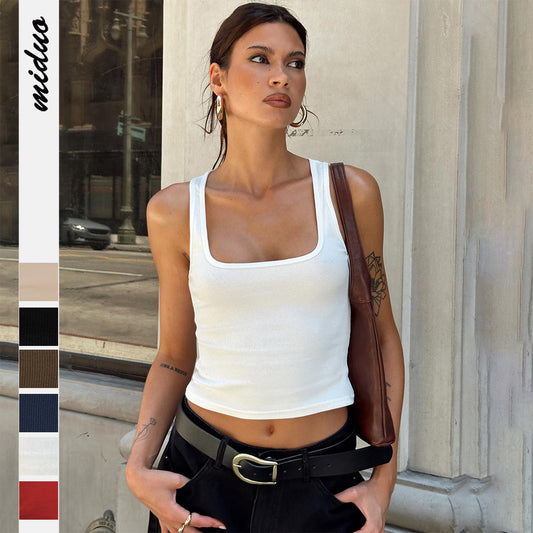 Dame cropped tanktop med firkantet Ausschnitt og fin rib struktur Stilla