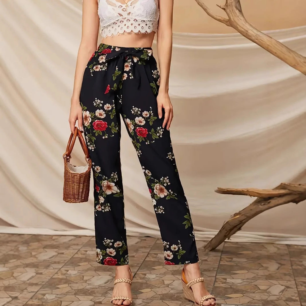 Dame Elegant fritidsbukser med blomstermønster og bælte Stilla