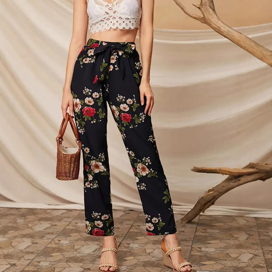 Dame Elegant fritidsbukser med blomstermønster og bælte Stilla