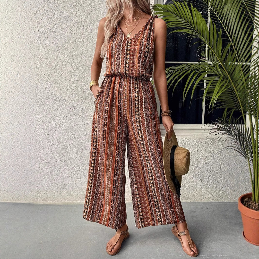 Dame jumpsuit med unikt etno-mønster og bredt ben Stilla
