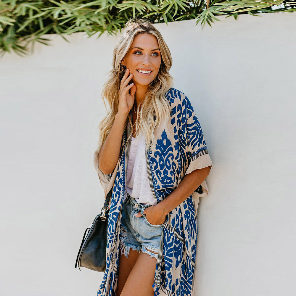 Dame afslappet sommer-kimono med frynser og elegant mønster Stilla