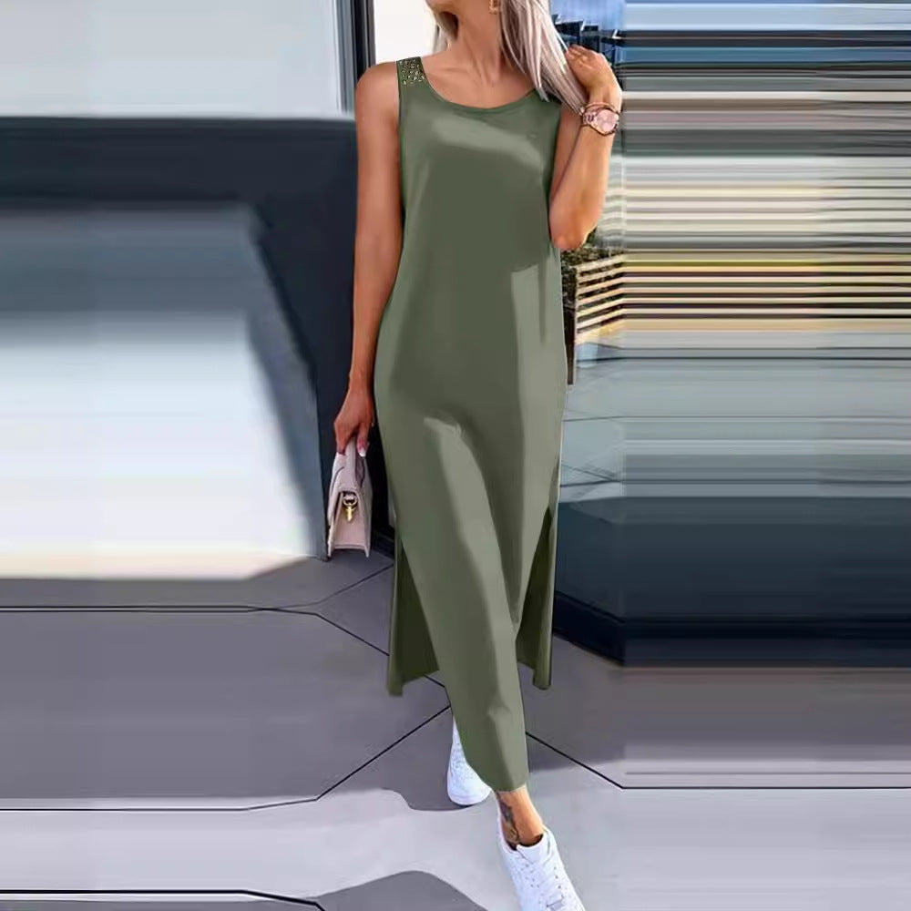 Dame afslappet langkjole med side slids og fine spids detaljer Stilla